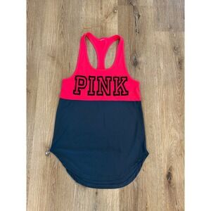 Victoria's Secret PINK Racerback Tank Top Neon Pink Navy Blue Colorblock Logo XS